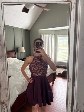 B Darlin Burgundy Lace Halter Fit-and-Flare Mini Dress Sz 1/2